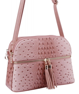 Ostrich Zip Tassel Multi Compartment Crossbody Bag Tassel OS050 ROSEPINK